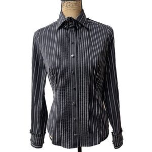 Per Se Women Black White Stripe Cotton Long Sleeve Button Down Shirt Sz 2/4